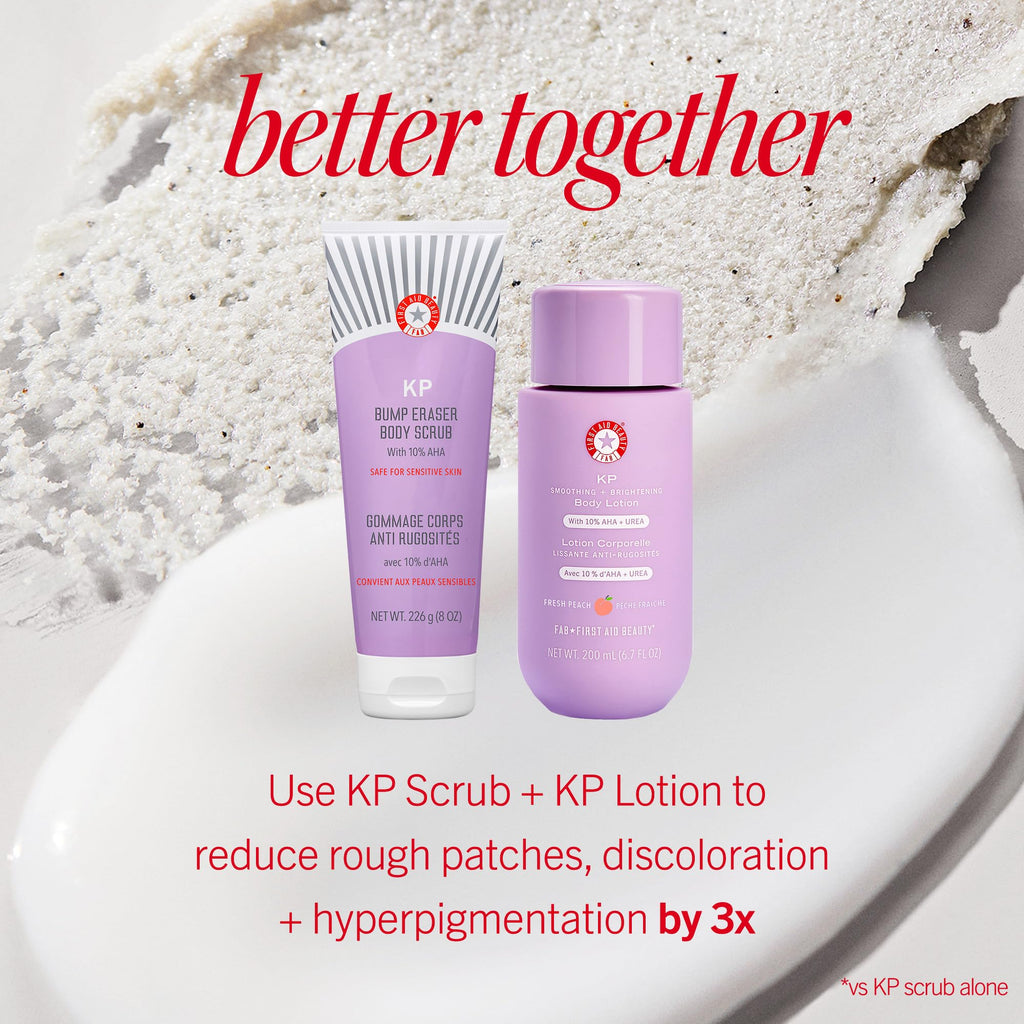 First Aid Beauty - KP Bump Eraser Body Scrub with 10% AHA, Keratosis Pilaris Skin Exfoliater with Glycolic and Lactic acids, Helps Reduce Chicken Skin Bumps, Safe for Sensitive Skin, 8 oz + Bonus, 2ct