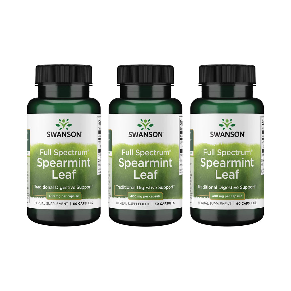 Swanson Spearmint Leaf Full Spectrum Digestive Supplement for Digestive-Comfort-Seeking Adults - 400 mg Mentha Spicata (60 Capsules, 3 Pack)