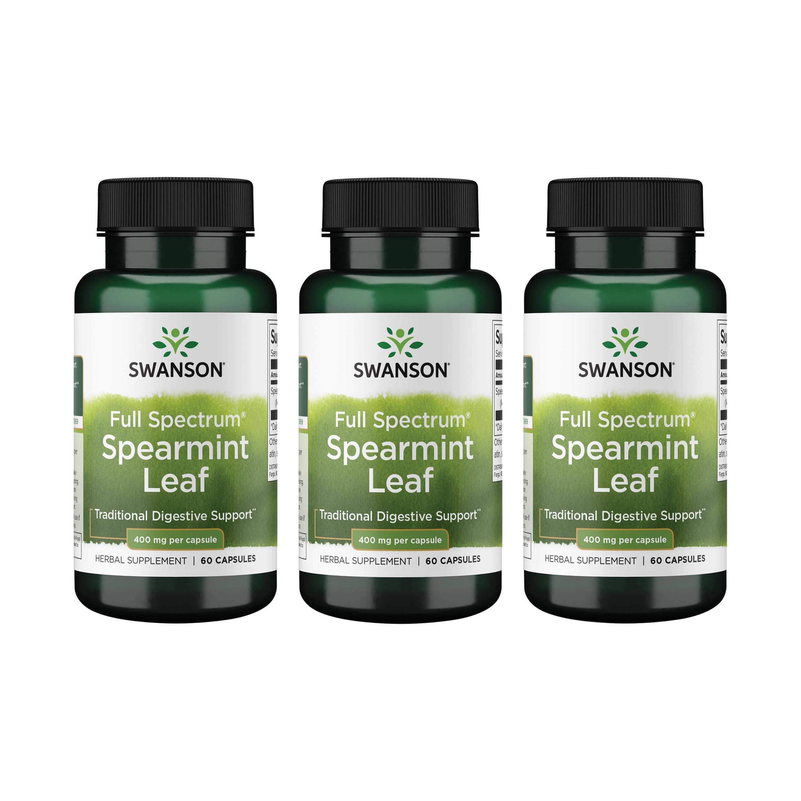Swanson Spearmint Leaf Full Spectrum Digestive Supplement for Digestive-Comfort-Seeking Adults - 400 mg Mentha Spicata (60 Capsules, 3 Pack)