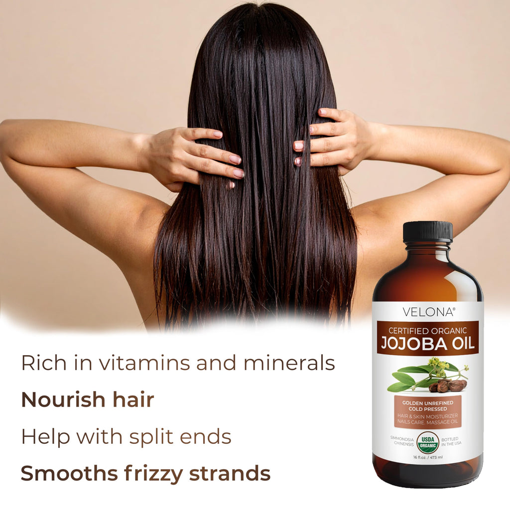velona Jojoba Oil USDA Certified Organic - 16 Fl Oz in Glass Bottle | 100% Pure and Natural | Golden, Unrefined, Cold Pressed, Hexane Free | Moisturizing Face, Hair, Body, Skin Care