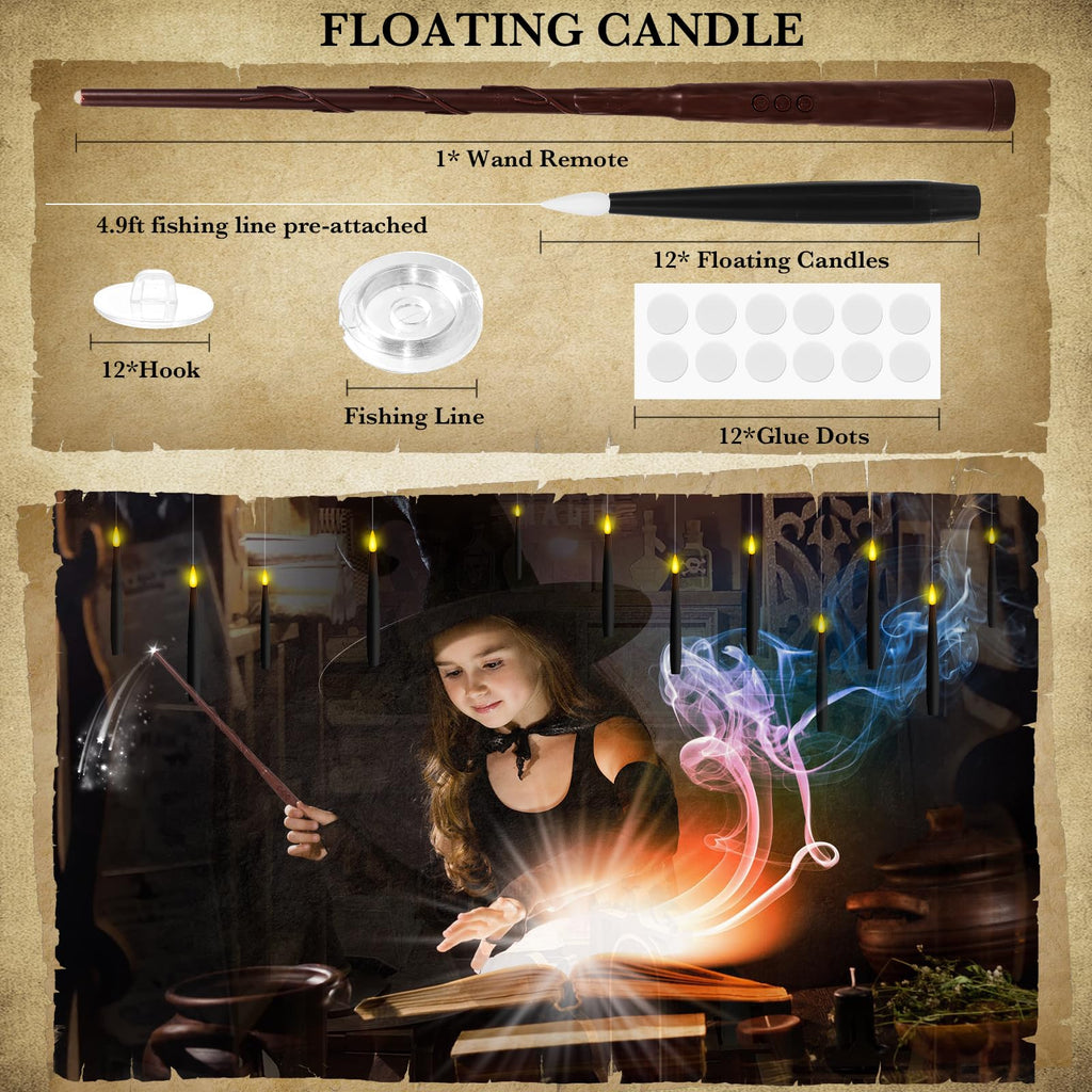 NURADA Floating Candles with Wand Remote Timer - Magic LED Hanging Flameless Taper Candles Flickering Battery Operated for Halloween Birthday Theme Party Holiday Home Window Decor - Black 12 Pack