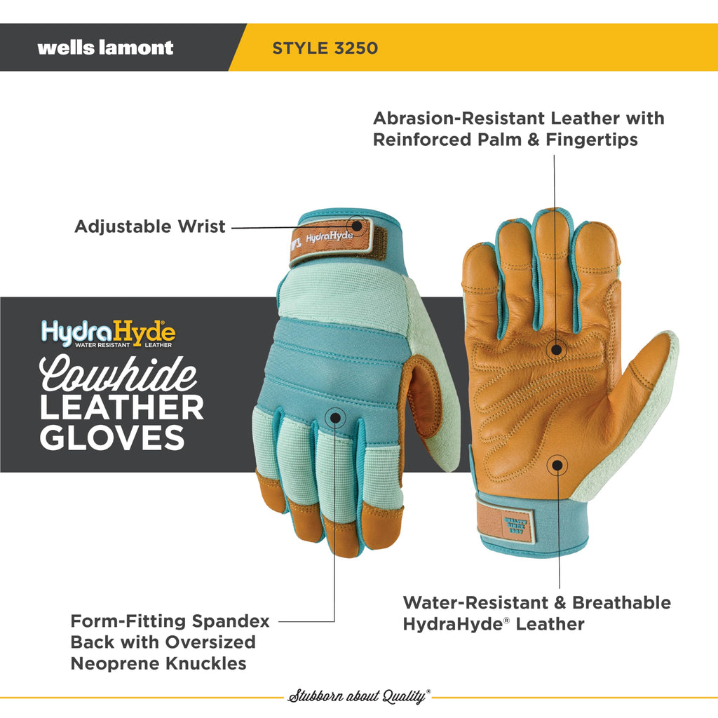 Wells Lamont Women's HydraHyde Cowhide Hybrid Work Gloves, Blue, Large