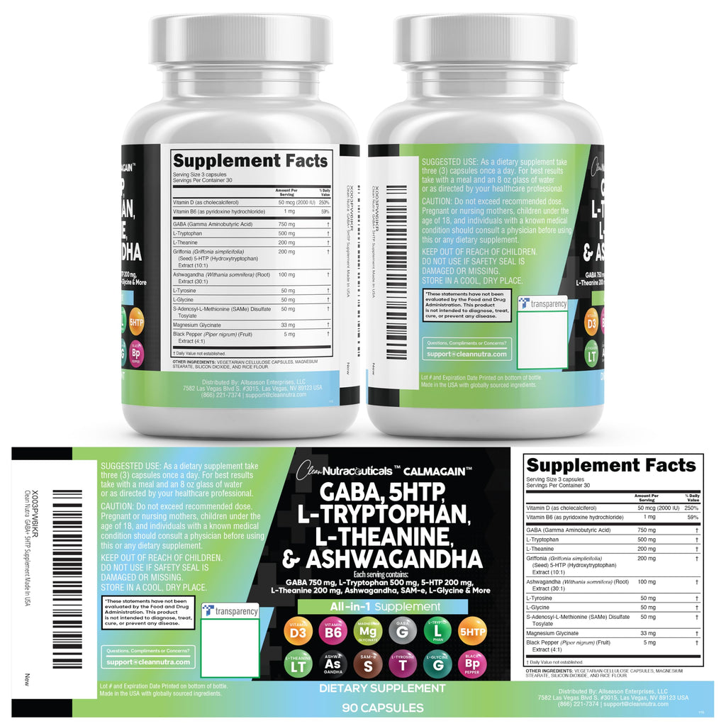 Clean Nutraceuticals GABA 750mg 5 HTP 200mg L Tryptophan 500mg L Theanine 200mg Ashwagandha SAM-e L-Glycine - Mood Support Vitamins for Women and Men with L-Tyrosine (90 Count (Pack of 2))