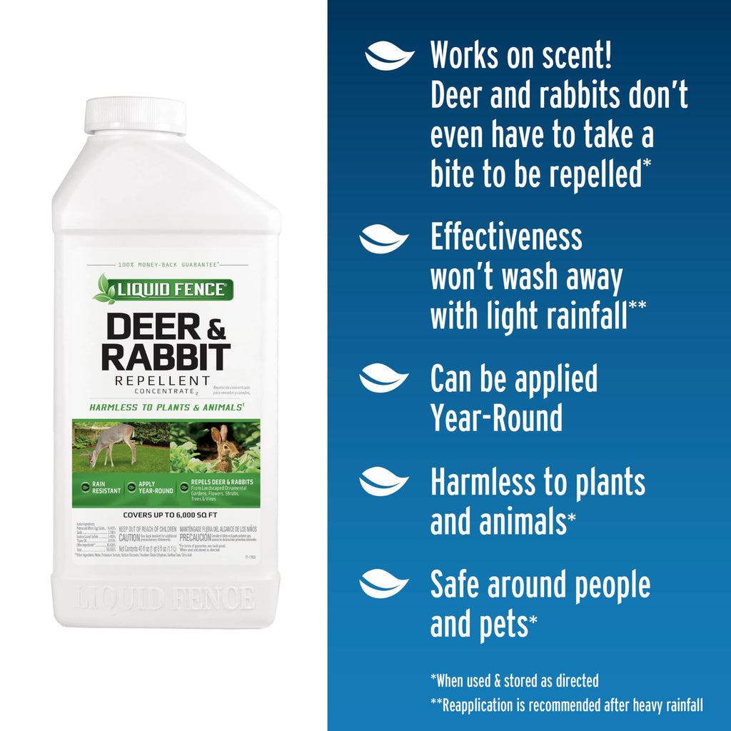 Liquid Fence Deer And Rabbit Repellent Concentrate 40 Ounces, Apply Year-Round
