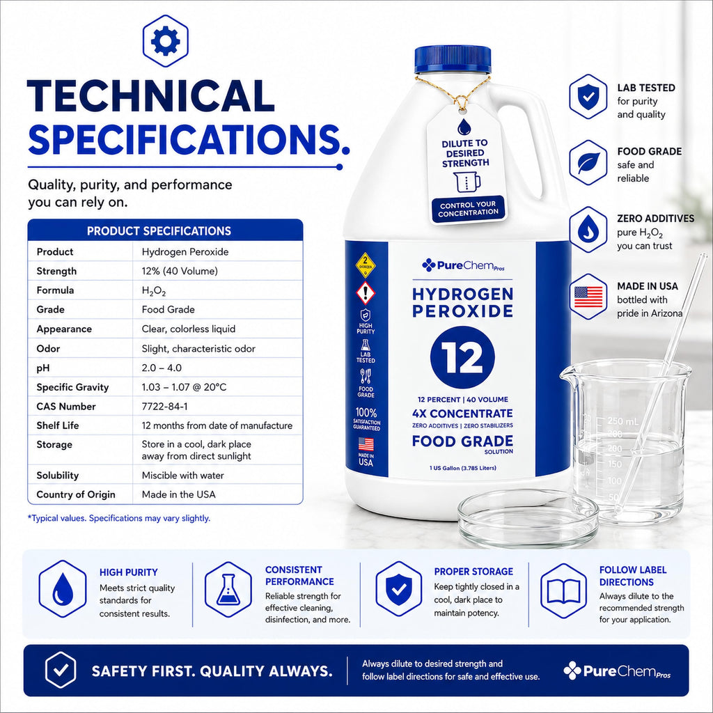 12% Concentrated Food Grade Hydrogen Peroxide (4 Gallons) - Cleaning Solution for Home, Laundry, Bath, Garden and More - derived from 35% Food Grade Hydrogen Peroxide