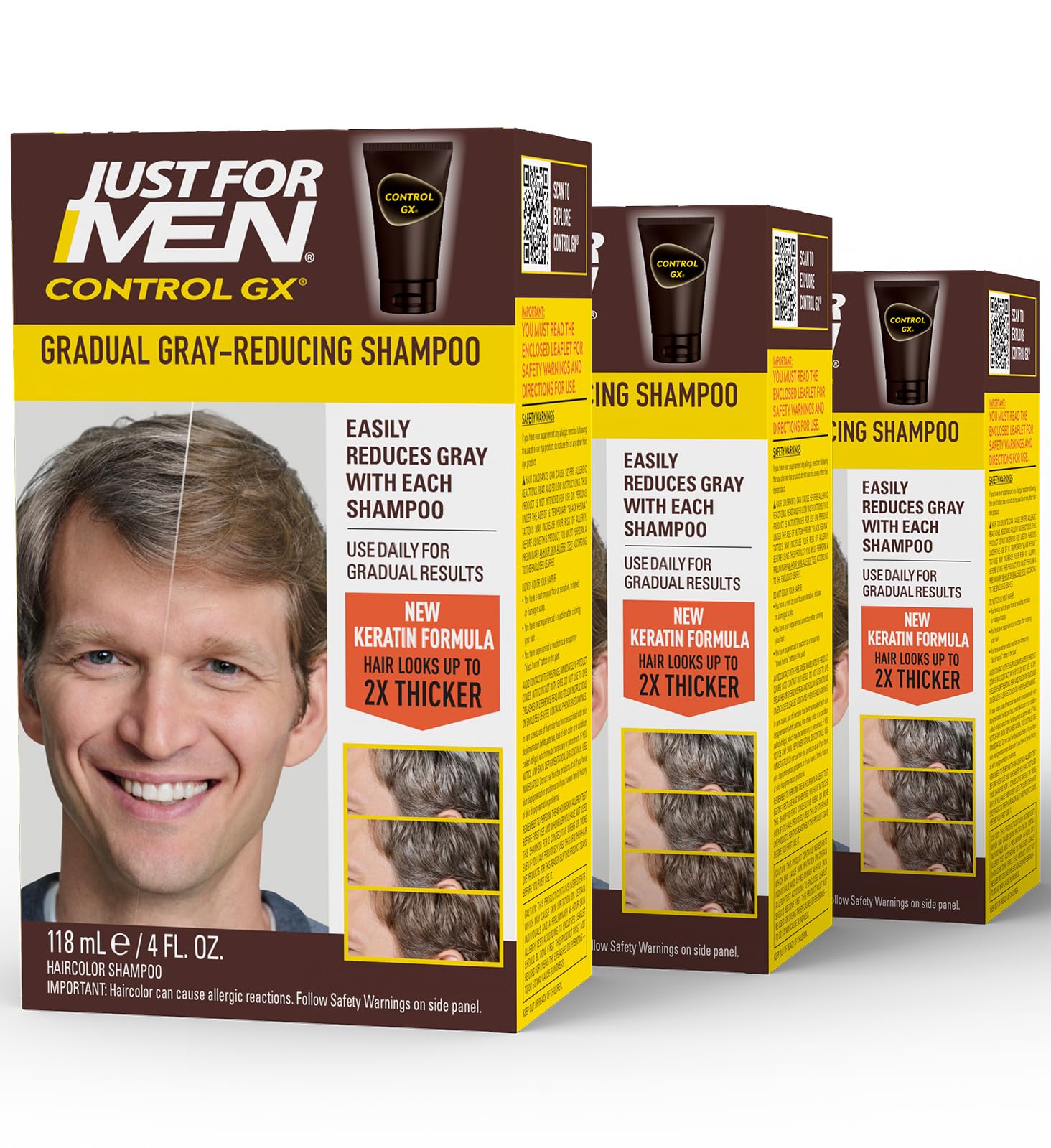 Just for Men Control GX Grey Reducing Shampoo for Lighter Shades of Hair, Blonde to Medium Brown, Gradual Hair Color with Keratin, 4 Fl Oz - Pack of 3 (Packaging May Vary)