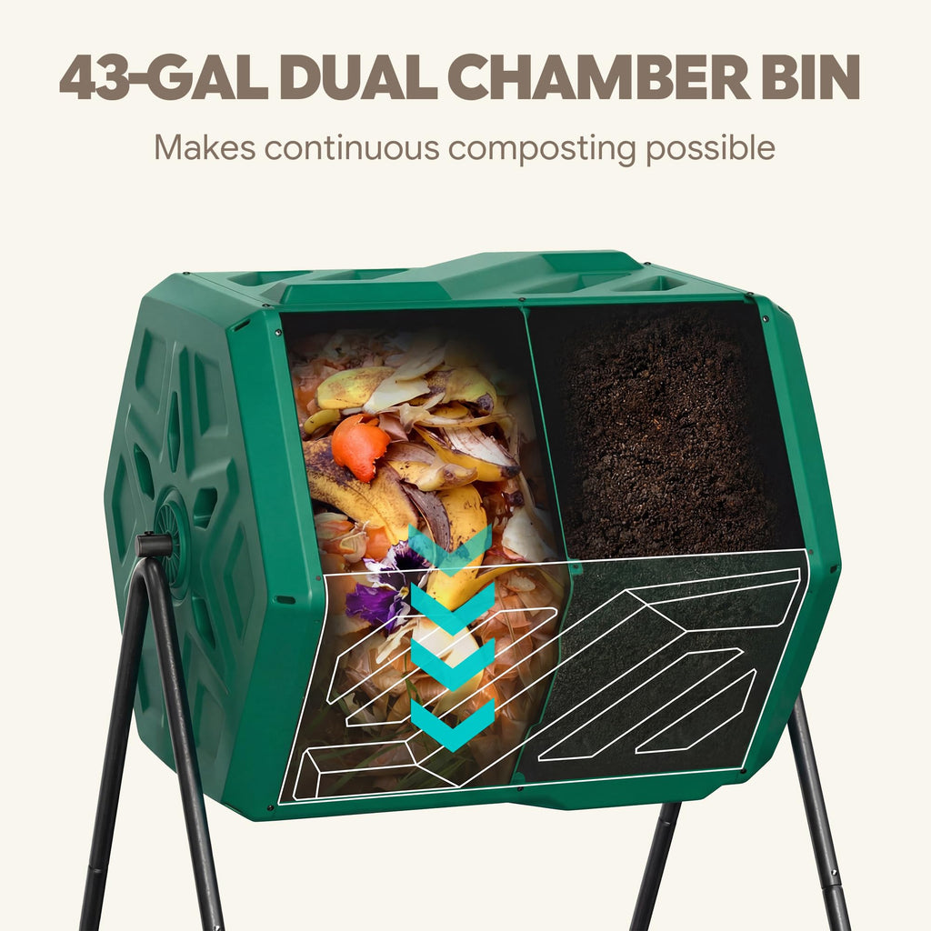 Werph 43 Gal Dual Chamber Compost Bin Tumbler for Backyard Garden, Green