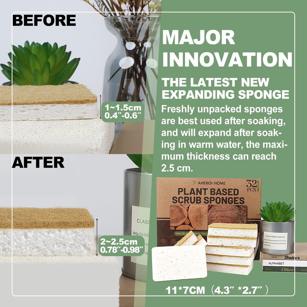 Aheroi Natural Dish Sponge, 32 Count FSC Certified Plant-Based Biodegradable Compostable Kitchen Sponges for Dishes Bulk, Organic Eco Friendly Cleaning Sponge for Bathroom, Household, Non Scratch
