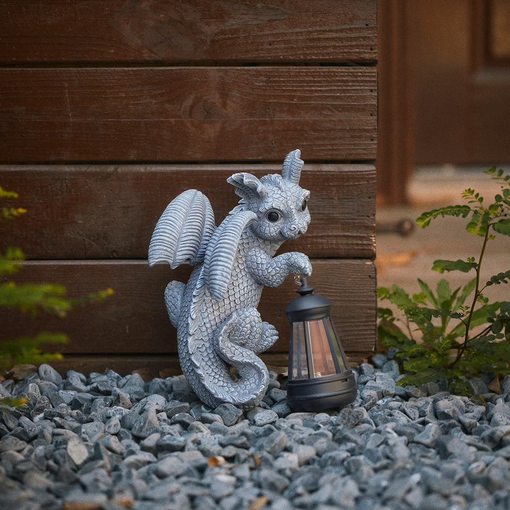 Elegondrar Solar Dragon Statue Outdoor Decor, Dragon Garden Decor with Lantern for Yard Lawn Patio Balcony, Christmas Birthday Housewarming Gifts for Mom, Grandma, Women, 9.5 Inch,Resin