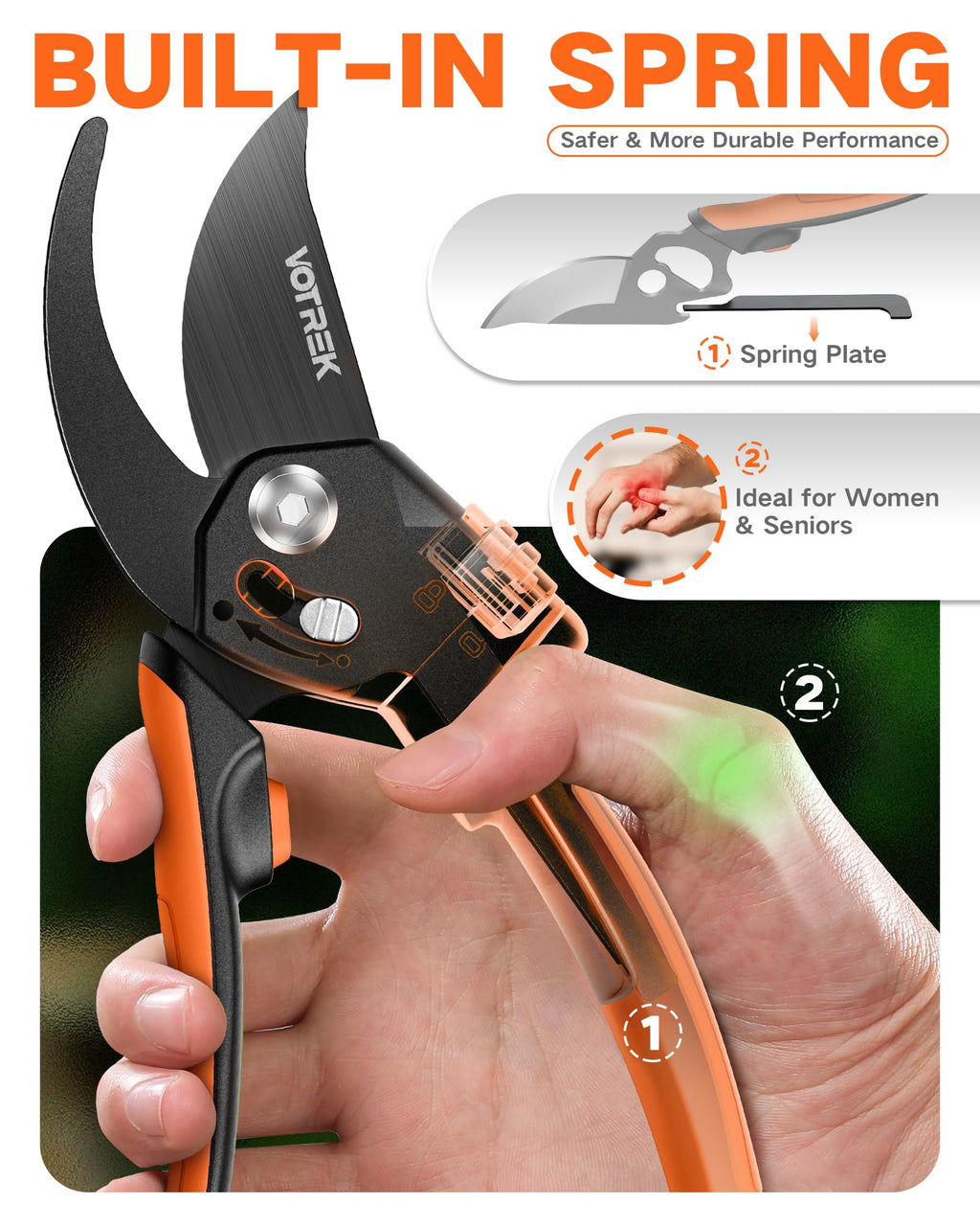 VOTREK 8.5" Garden Shears, Unique Stepless Handle Opening for All Hand Size