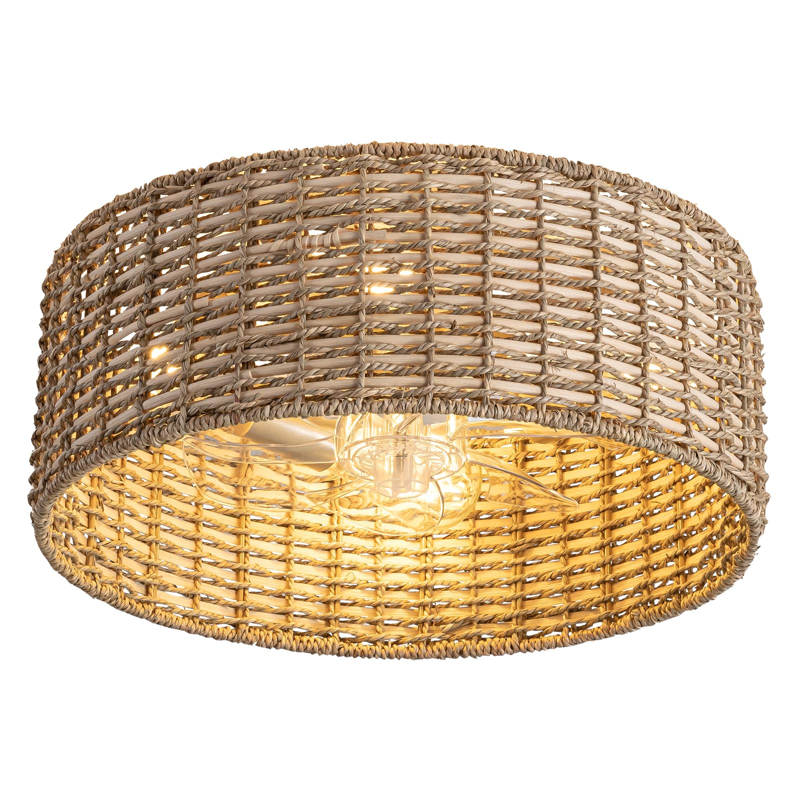 DARYEWO Handwoven Boho Rattan Ceiling Fan with Light,Flush Mount Caged Ceiling Fans with Lights and Remote Control,Low Profile Enclosed 6 Speeds Fandelier for Bedroom Living Dining Room,4-Light
