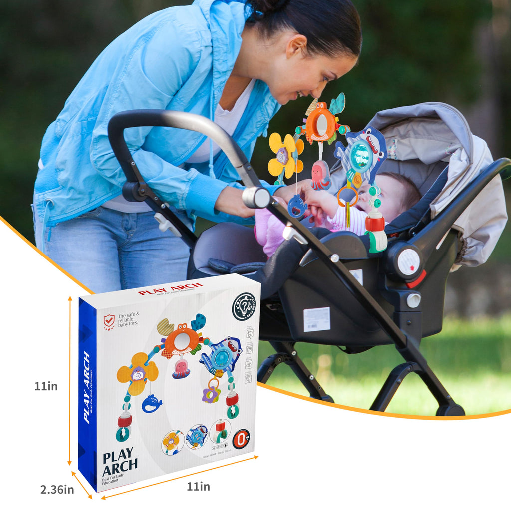 Baby Stroller Arch Toy, Car Seat Toys, Adjustable Arch Stroller toy with Hanging Sensory Activity toys,fits on Baby Bouncer, Bassinet, Stroller, Crib and Car Seats for baby infant Boy Girl 0-18 Months
