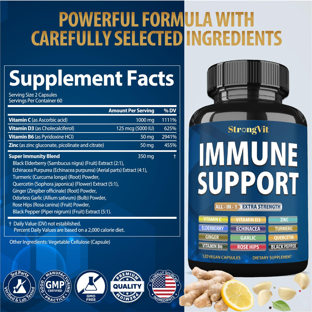 StrongVit Immune Support Supplement 12 in 1 Complex with Vitamin C, D3, Zinc, Echinacea, Elderberry, Ginger, Turmeric. Immune Defend for Men & Women, Non-GMO, Gluten-Free, Vegan, USA (120 Capsules)