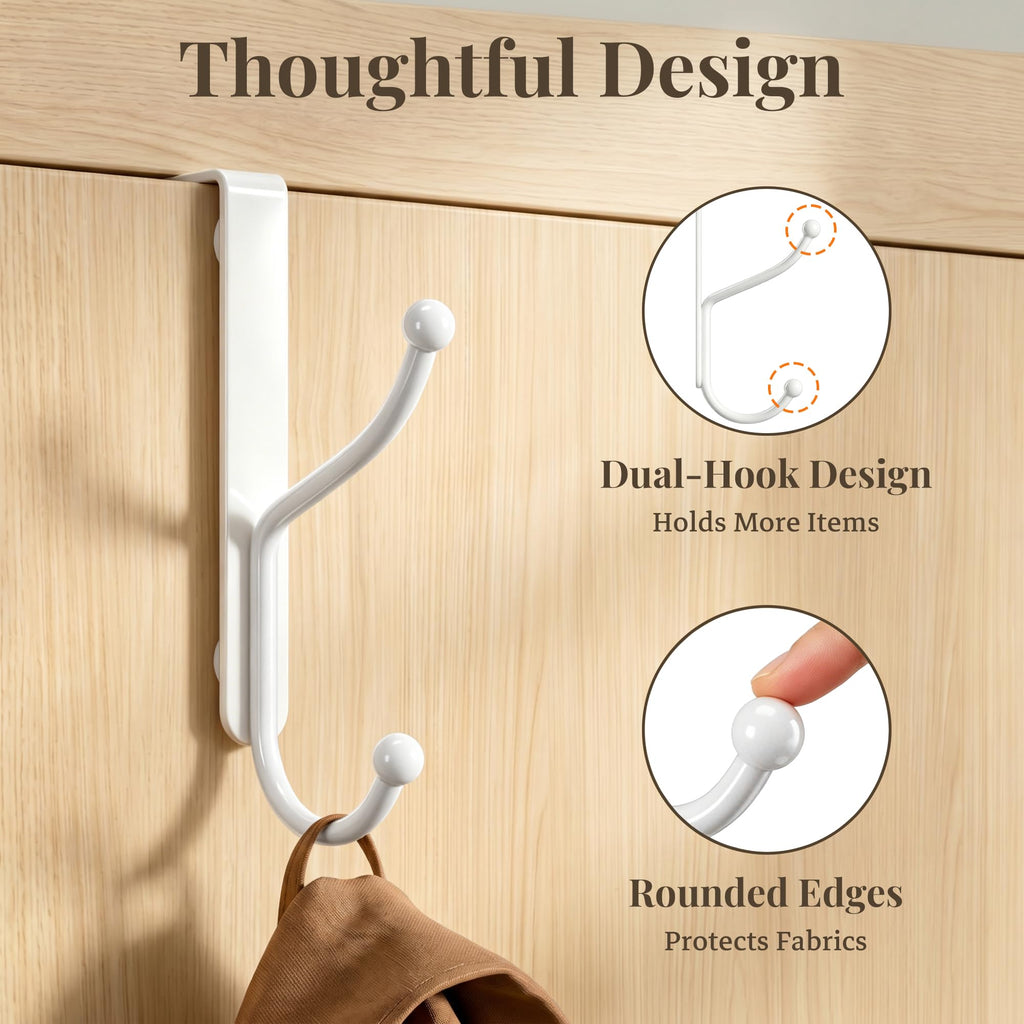 niffgaff Over Door Hook 2-Pack, Heavy Duty Door Hanger, Fits Interior Doors 1.4 Inches Thick, Organize Coats, Hats, Towels, and Bags for Entryways, Bathrooms, Bedrooms, and Kitchens, White