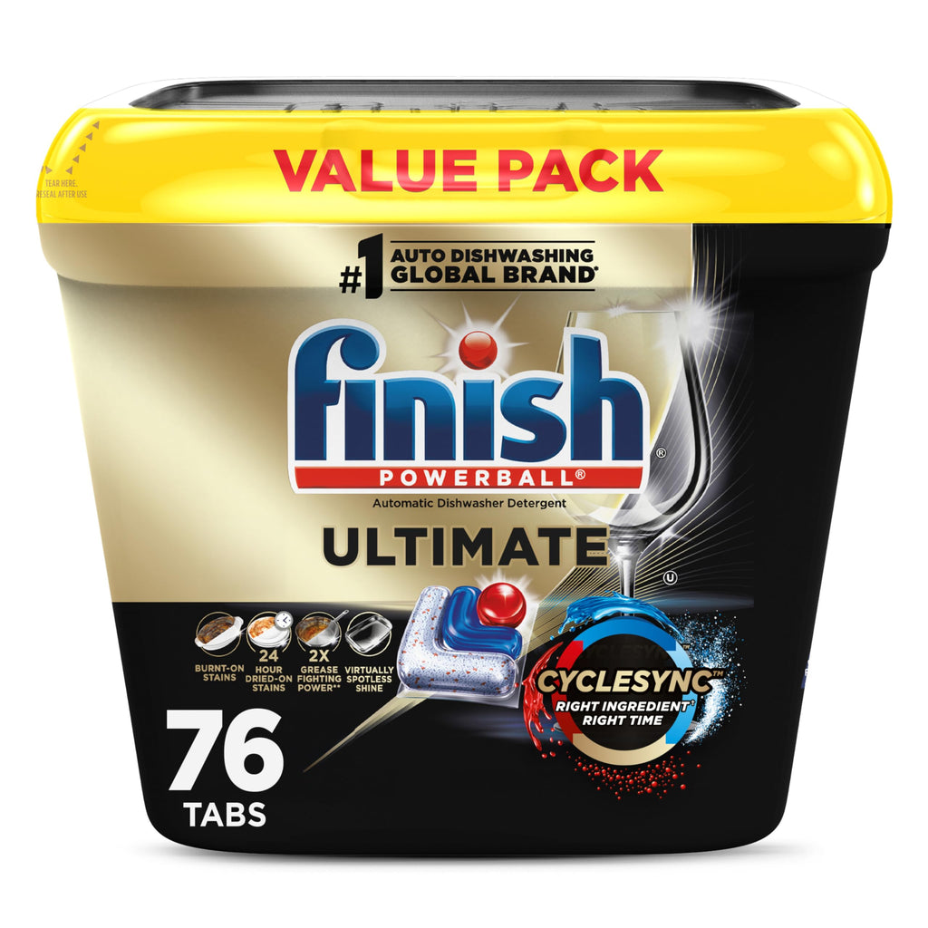 Finish Ultimate Dishwasher Pods, No Pre-Rinse Dishwasher Detergent Soap Removes Burnt-On Stain, with CycleSync Technology, Degreasing & Scrubbing Power, 76 Count