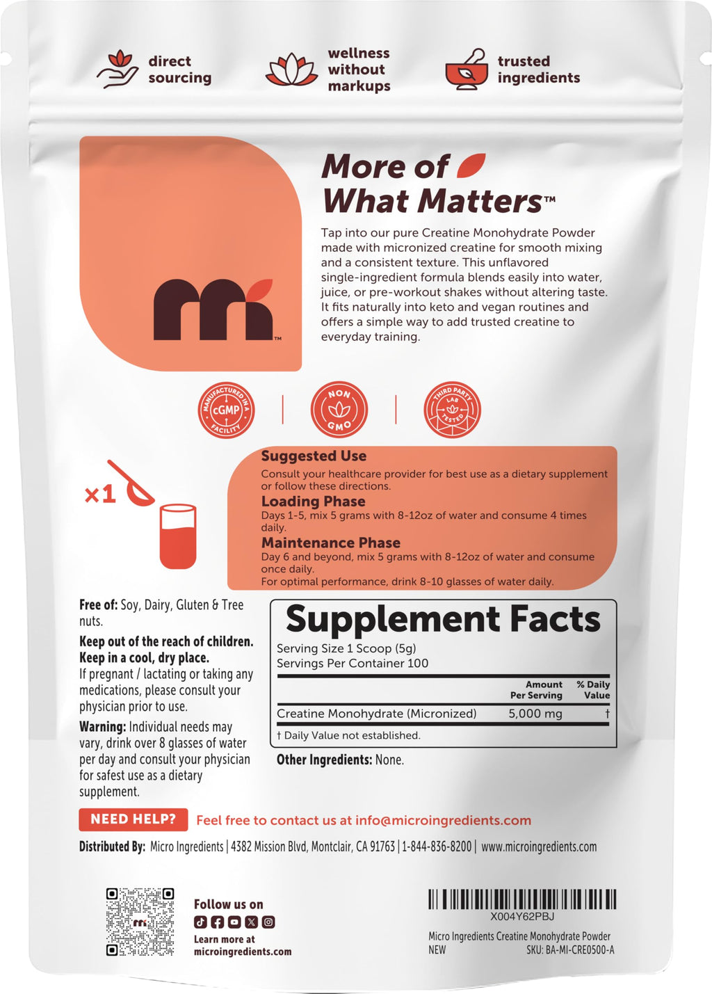 Creatine Monohydrate Powder 500 Grams (1.1 Lb), 5000mg Per Serving, Micronized Creatine Powder, Unflavored, Pure, No Filler, Keto & Vegan, Easy Dissolve Pre Workout* Creatine for Women and Men