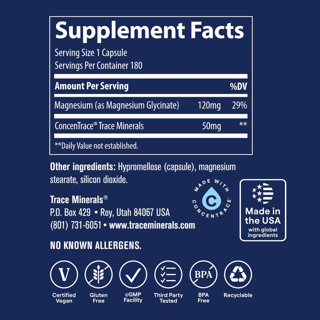Trace Minerals Magnesium Glycinate - Gentle Magnesium Glycinate Supplement for Healthy Sleep & Relaxation Support - Healthy Mind & Energy - Vegan - Gluten-Free - 180 Count (180 Servings)
