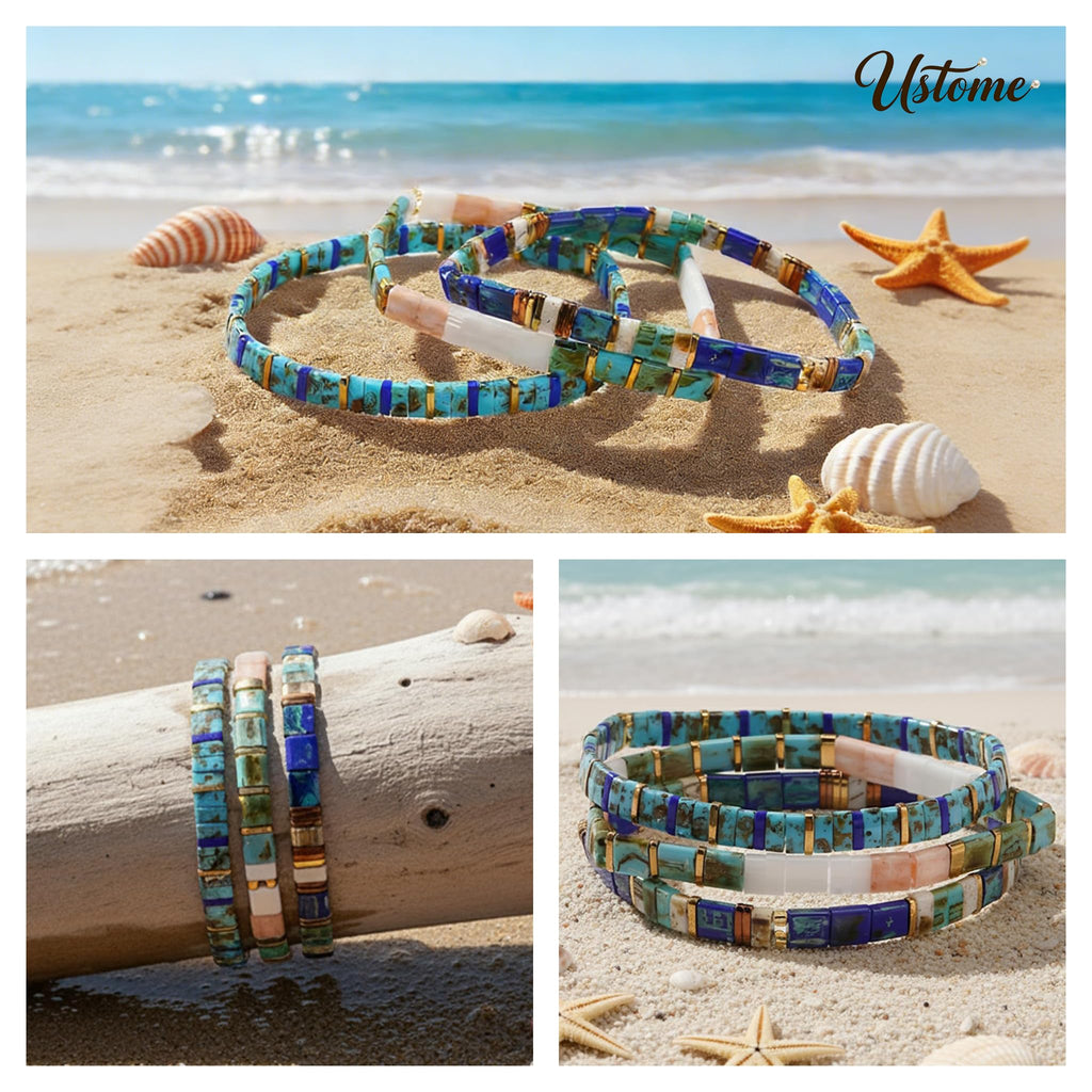 Ustome Tila Flat Square Stack Beaded Bracelets Set for Women Men, Boho Romantic Handmade Colorful Stretch Accessories Jewelry,Party Holiday Friendship Gift