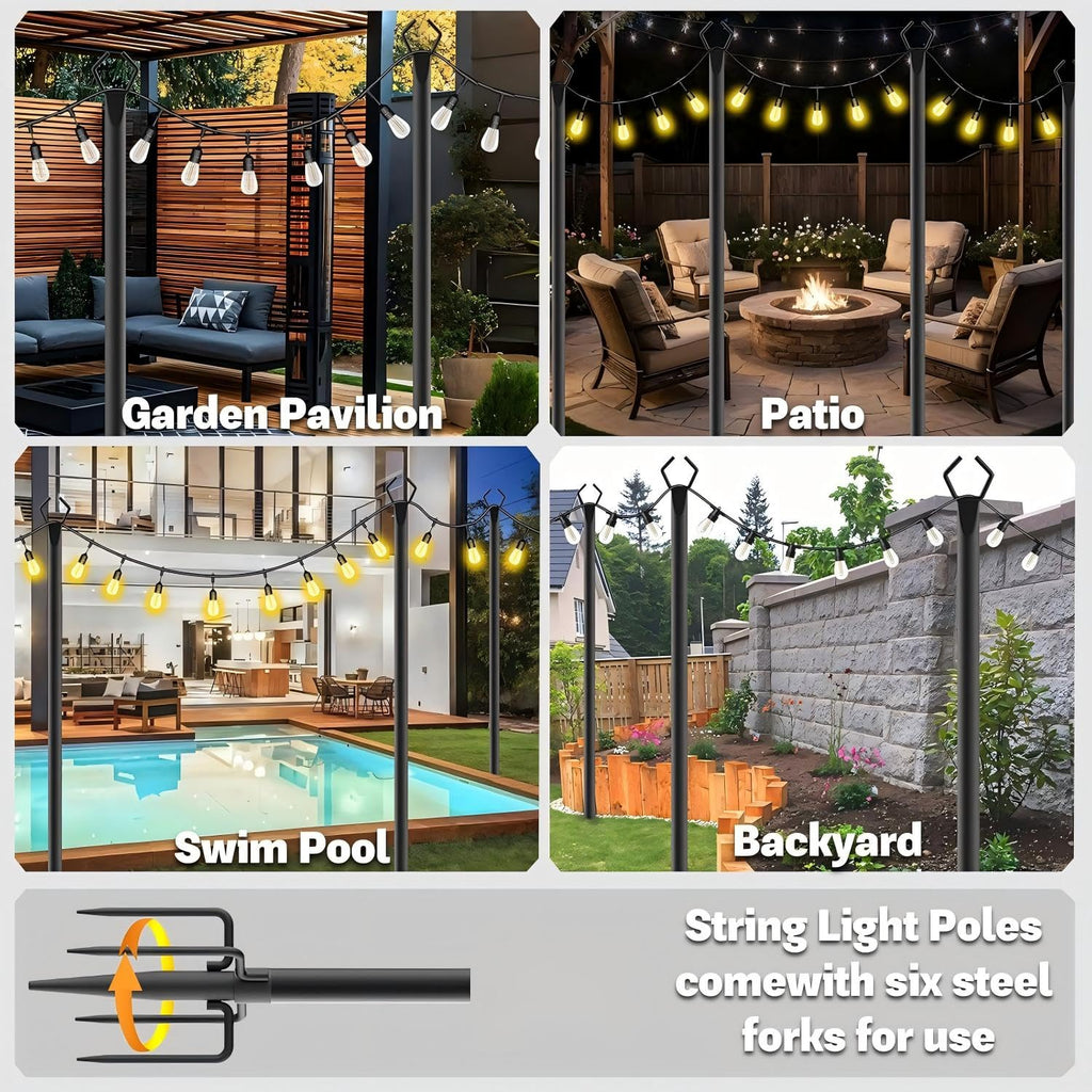 NSHWFW 10 Pack 10 ft Heavy Duty Metal String Light Poles Adjustable Outdoor Lighting Stand for Patio,Backyard,Garden,Party & Wedding Rustproof & Sturdy with Hooks