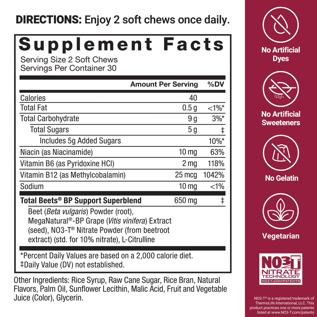 Force Factor Total Beets Blood Pressure Support Supplements with Beet Powder, Great-Tasting Chewables for Heart-Healthy Energy, and Increased Nitric Oxide, 60 Chews