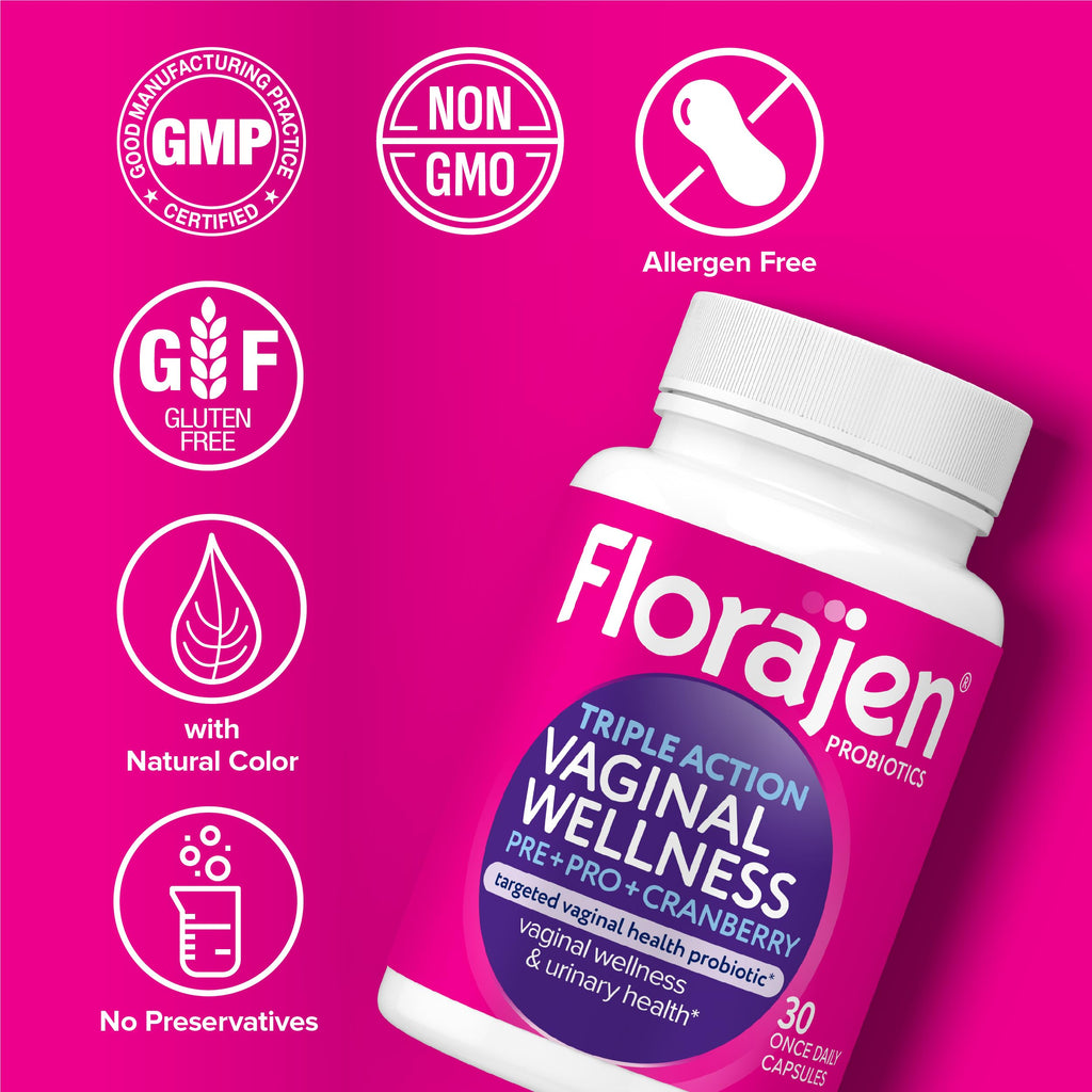 Florajen Women’s Triple-Action Probiotic, Prebiotic + Probiotic + Cranberry for Vaginal, Digestive, & Immune Support - Fast-Acting - Clinically-Studied - Gluten-Free & Vegan - 30-Count