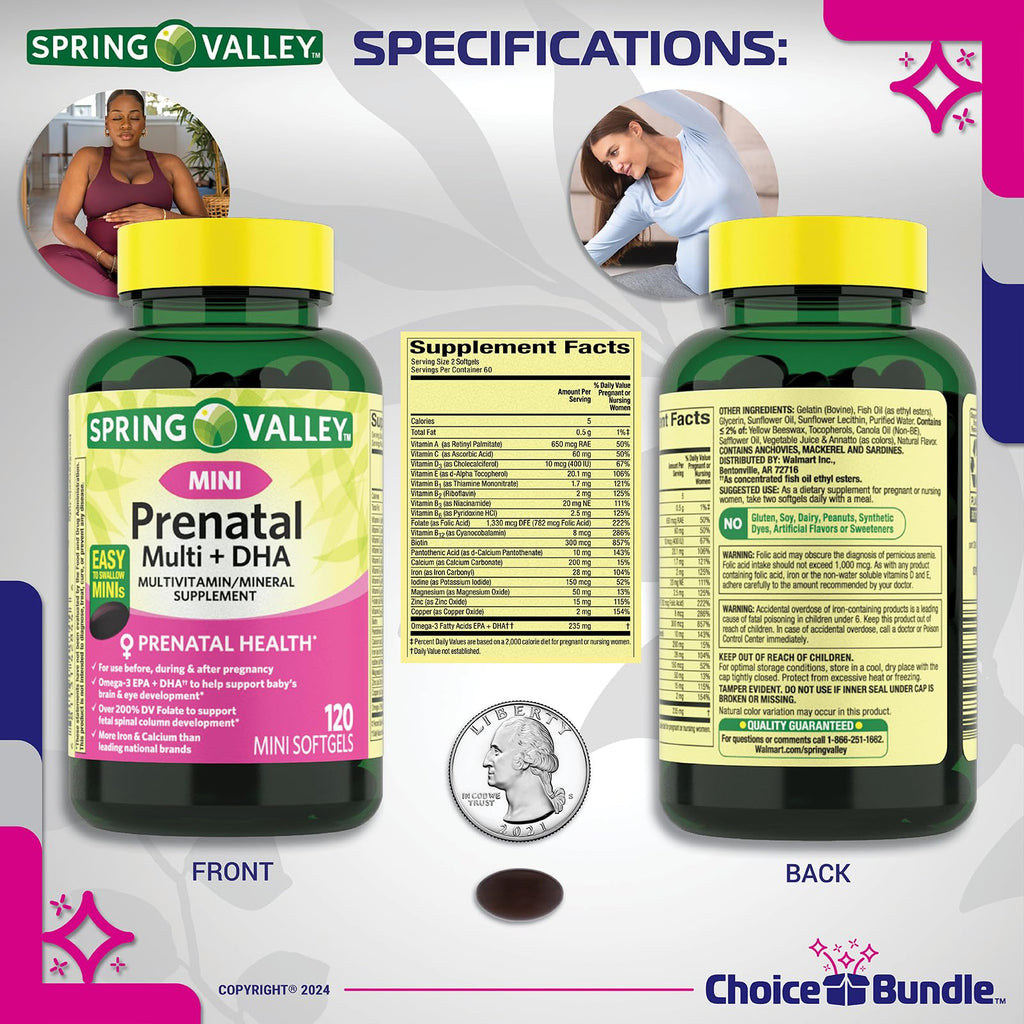 Choice Bundle Spring Valley Prenatal Multi + DHA Complete Multivitamin Multimineral Supplement Mini Softgels 120 Ct 3 pk (360 Total) + Vitamin Guide & Pill Container (5 Items)!