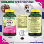Choice Bundle Spring Valley Prenatal Multi + DHA Complete Multivitamin Multimineral Supplement Mini Softgels 120 Ct 3 pk (360 Total) + Vitamin Guide & Pill Container (5 Items)!