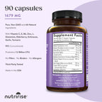 NutriRise Immunity Complex Immune Support Supplement with Vitamin C, E, B6, Zinc, Turmeric Curcumin, Elderberry, Echinacea, 7.2 Billion CFU Probiotics for Gut Health, 90 Count