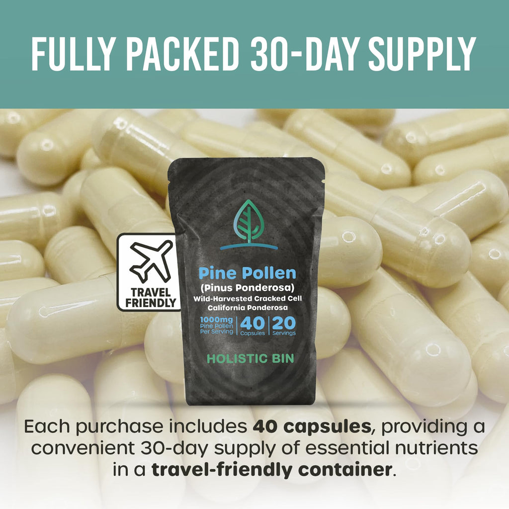 Holistic Bin Pine Pollen Capsules 500mg (Pinus Ponderosa) - Wild Harvested California Ponderosa Pine Pollen Powder - Olympic Grade - Organic, Non-GMO, No Fillers - 30 Day Supply (40 Capsules)