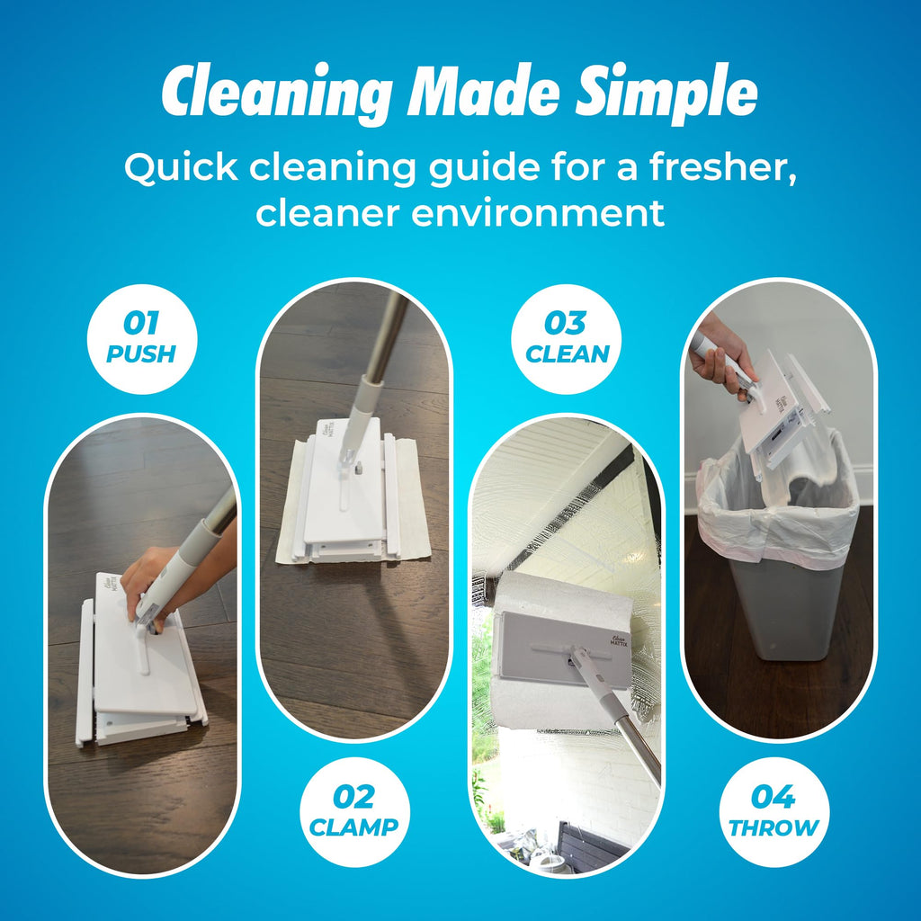 CleanMattix - FlexiClamp Sweep & Mop Kit - Compatible with Swiffer Pads, Durable Cleaning Tool for Hardwood, Tile, Marble & Laminate Floors, Home, Kitchen Cleaning Essentials. (Include 10 Dry Cloths)