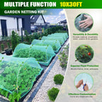 Garden Mesh Netting Kit, 10x30FT Green Ultra Fine Netting & 6 Sets 8FT Fiberglass Garden Hoops with Stake, Garden Netting with Frame for Raised Beds, Garden Hoops and Netting, Row Cover, Plant Barrier