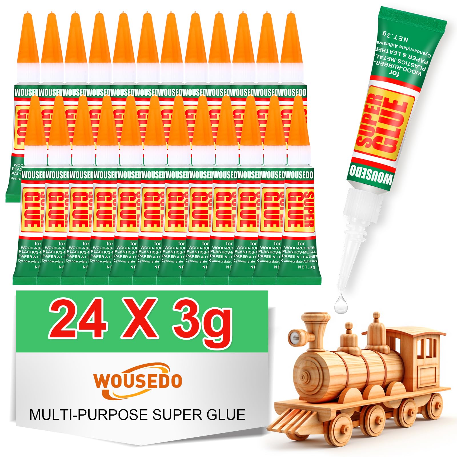WOUSEDO 24 X 3g Super Glue Clear, Fast Drying Cyanoacrylate(CA) Glue