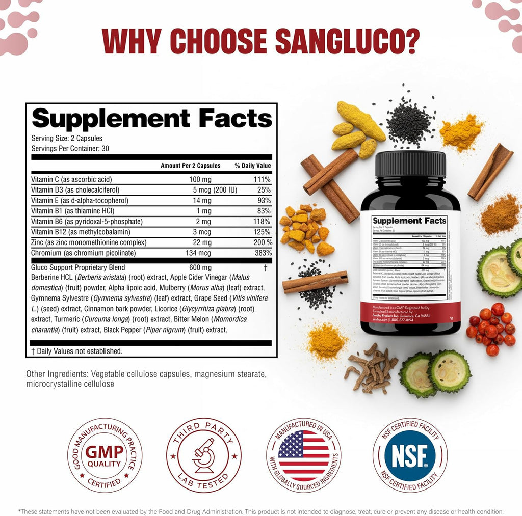 Sangluco Berberine Ceylon Cinnamon Chromium Turmeric Apple Cider Vinegar Bitter Melon Supplement | Supports Healthy Levels Already Within Normal Range | 180 Capsules