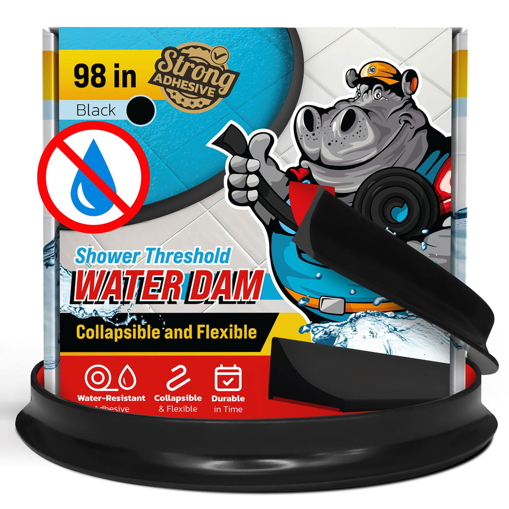 Shower Threshold Water Dam Barrier 98" - Black Collapsible Walk in Shower Water Guard - Door Bottom Seal Strip Leak Guard by Hippo Dam