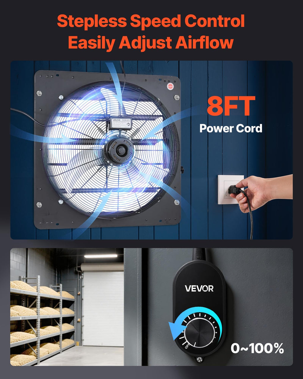 VEVOR 24'' Exhaust Fan, Wall Mounted Attic Fan with Variable Speed controller, 4800 CFM, Automatic Shutter, Ventilation and Cooling, Black