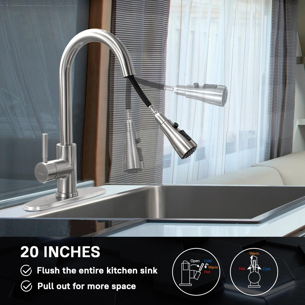 WEWE High-Arc Pull-Down Kitchen Faucet, Brushed Nickel, 3-Mode Sprayer