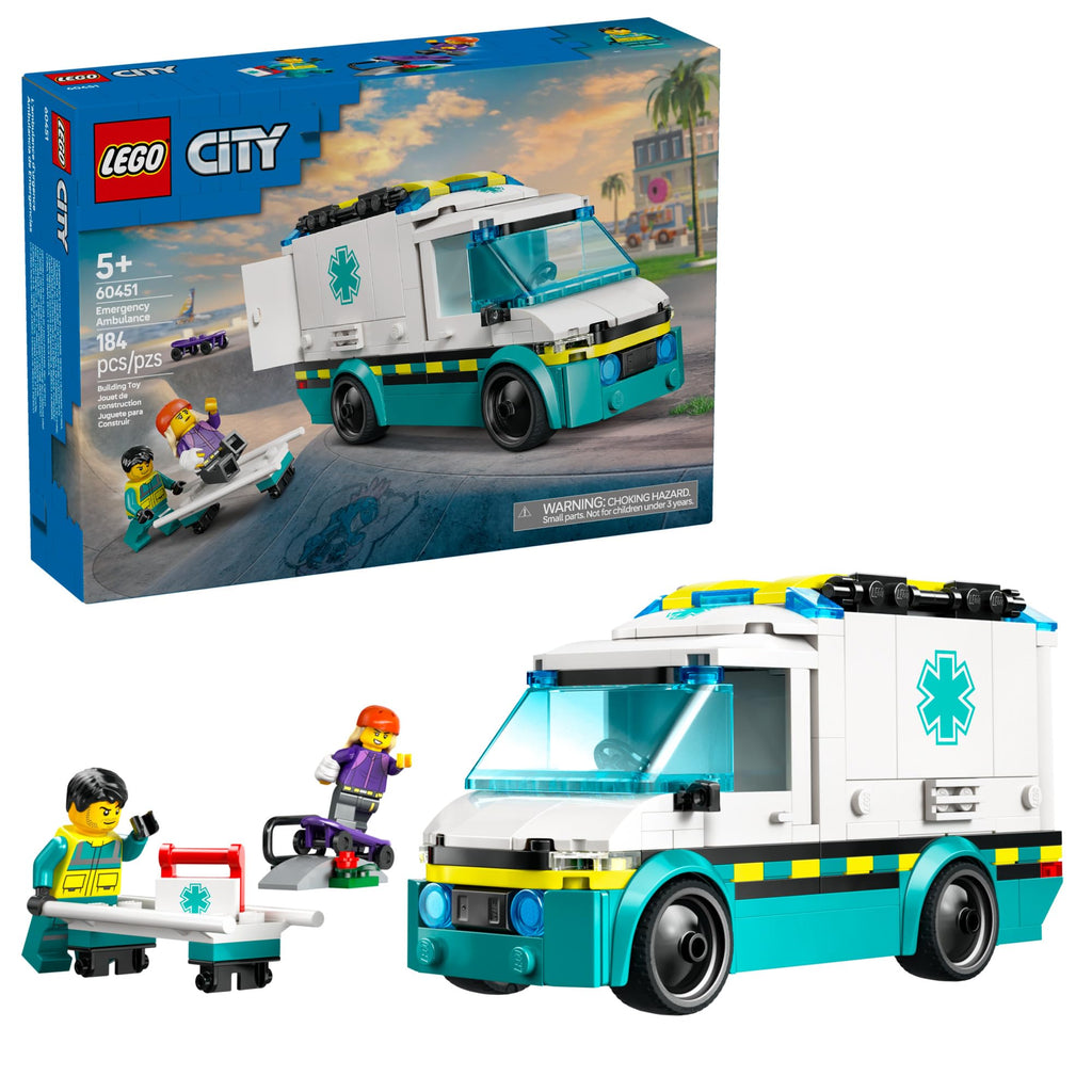 LEGO City Emergency Ambulance Toy - Building Sensory Toy for Kids, Boys and Girls, Ages 5+ - Educational, Learning Gift Idea for Birthdays and Holidays - Skateboarder and Driver Minifigures - 60451