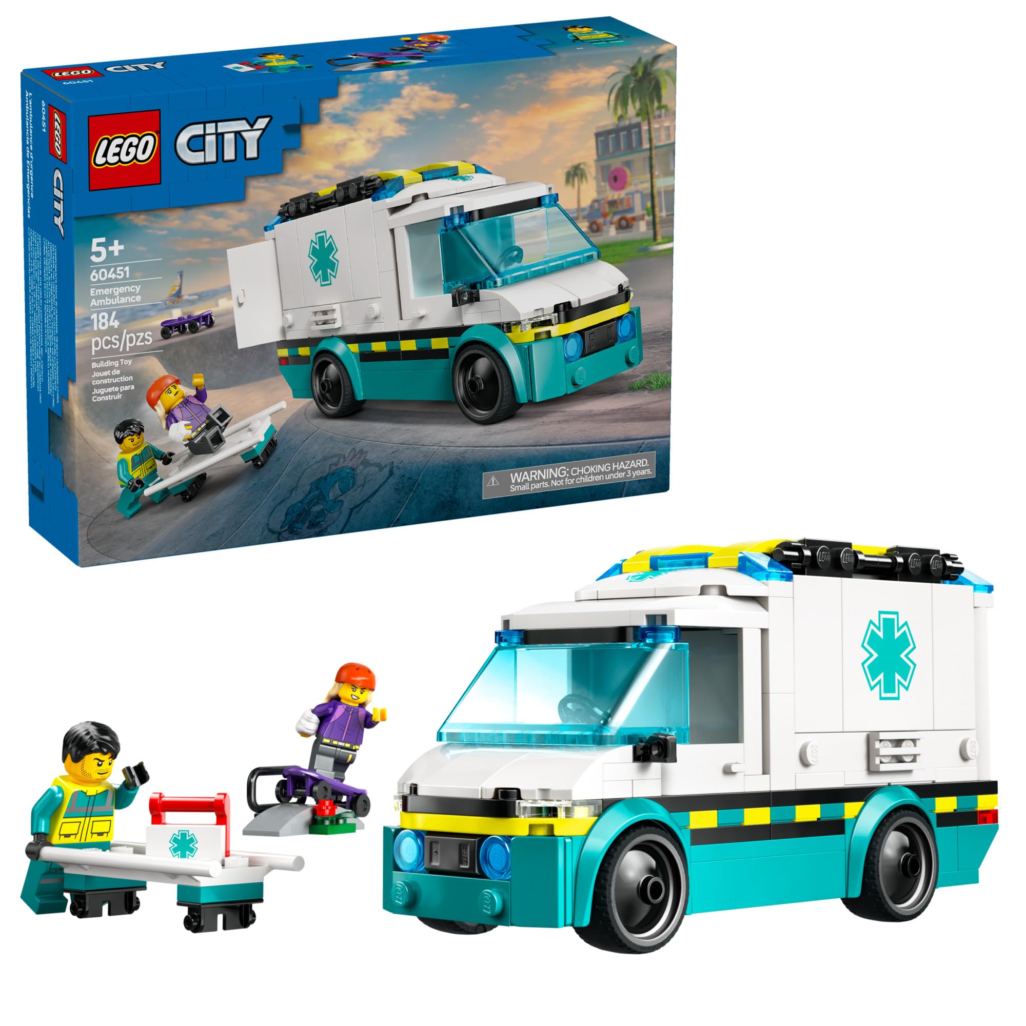 LEGO City Emergency Ambulance Toy - Building Sensory Toy for Kids, Boys and Girls, Ages 5+ - Educational, Learning Gift Idea for Birthdays and Holidays - Skateboarder and Driver Minifigures - 60451