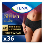 Tena Stylish Black Incontinence Underwear for Women, Maximum Absorbency, Small/Medium, 36 ct (2 Packs of 18)
