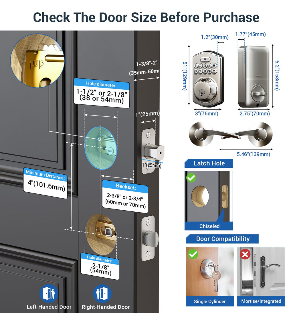 Veise Fingerprint Door Lock with 2 Lever Handles - Keyless Entry Door Lock, Electronic Keypad Deadbolt, Digital Smart Code & Front Handle Sets, Auto-Locking, Easy Installation, Satin Nickel