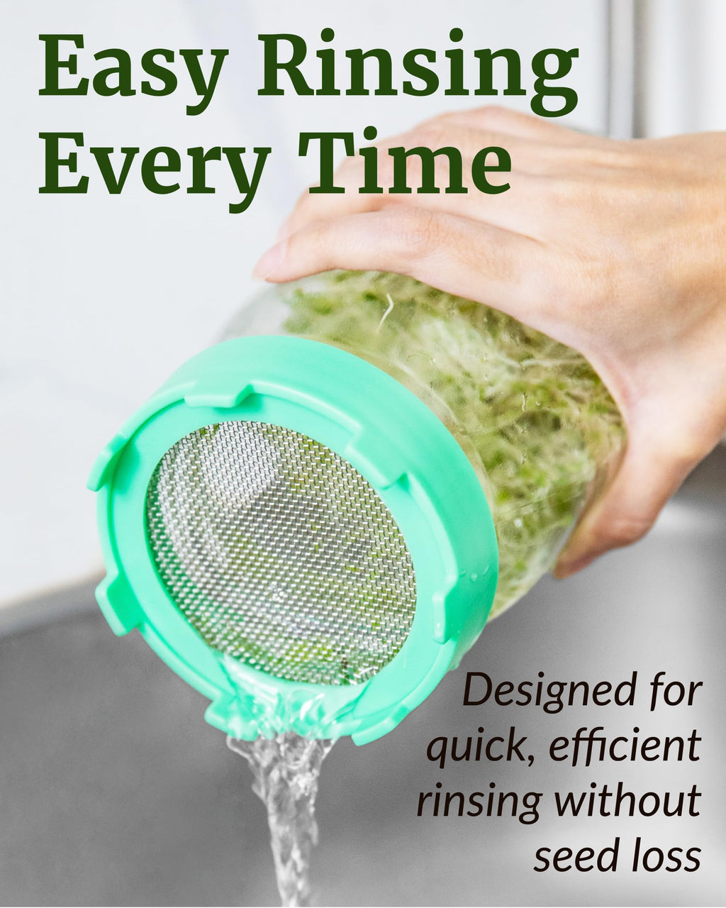 Elementi Sprouting Lids for Wide Mouth Mason Jars (Set of 4), Sprouting Jar Kit for Organic Sprouts, Alfalfa & Mung Bean Sprouts Grow Kit, 316 Stainless Steel Mesh Screen Strainer Lid (Mint Green)