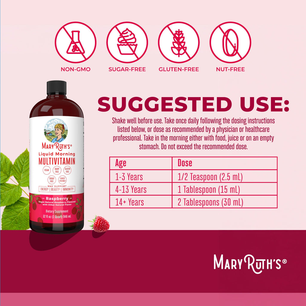 MARYRUTH'S Liquid Morning Multivitamin for Women, Men & Kids | Vitamin A C D E B6 B12 Biotin Zinc | Beauty | Vegan | Non-GMO | Gluten Free | 16 Servings