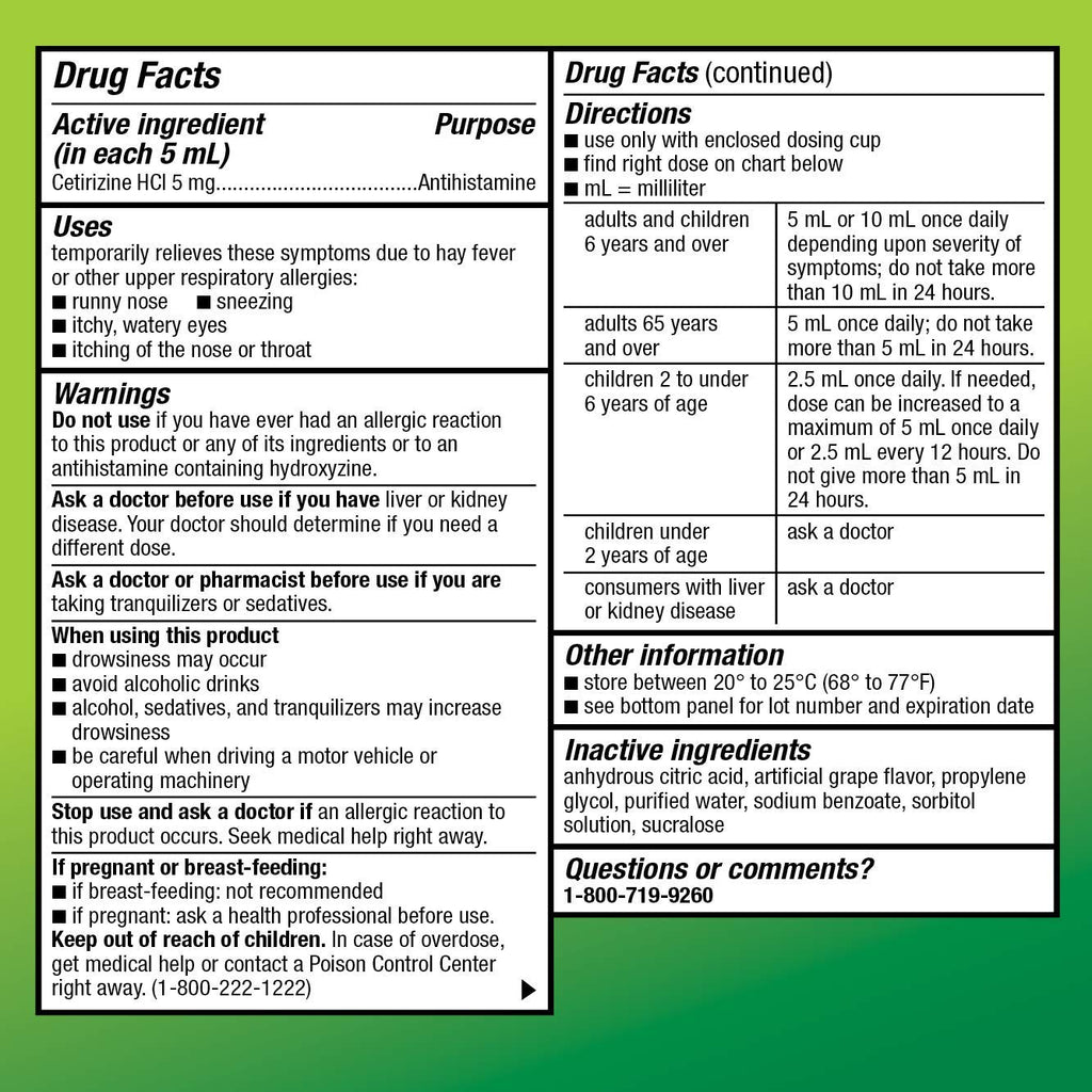 Amazon Basic Care 24 Hour Allergy Relief for Children, Cetirizine Hydrochloride Oral Solution 1 mg/mL, Grape Flavor, Dye Free, 8 fl oz (Pack of 1)
