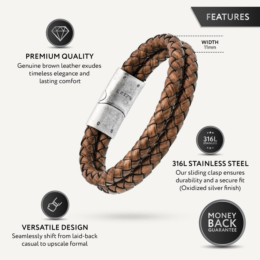 RTZN Brown Leather Bracelet for Men Premium Artisan Handcrafted Double Strand Braided Mens Bracelet (Medium)