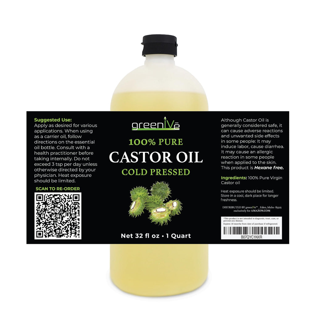 GreenIVe 100% Pure Castor Oil – Cold-Pressed, Hexane-Free – Hair, Eyebrows, Eyelashes, Skin Moisturizer, Castor Pack Wrap Oil Bulk Bottle (32 Fl oz)