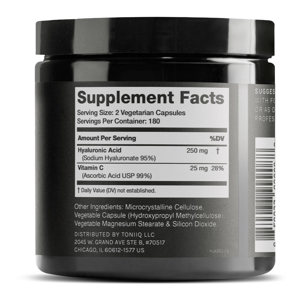 Toniiq Hyaluronic Acid Supplements – Lab Tested 95% Ultra High Purity – Fermented and Bioavailable with Vitamin C – Third Party Lab Tested – 360 Capsules