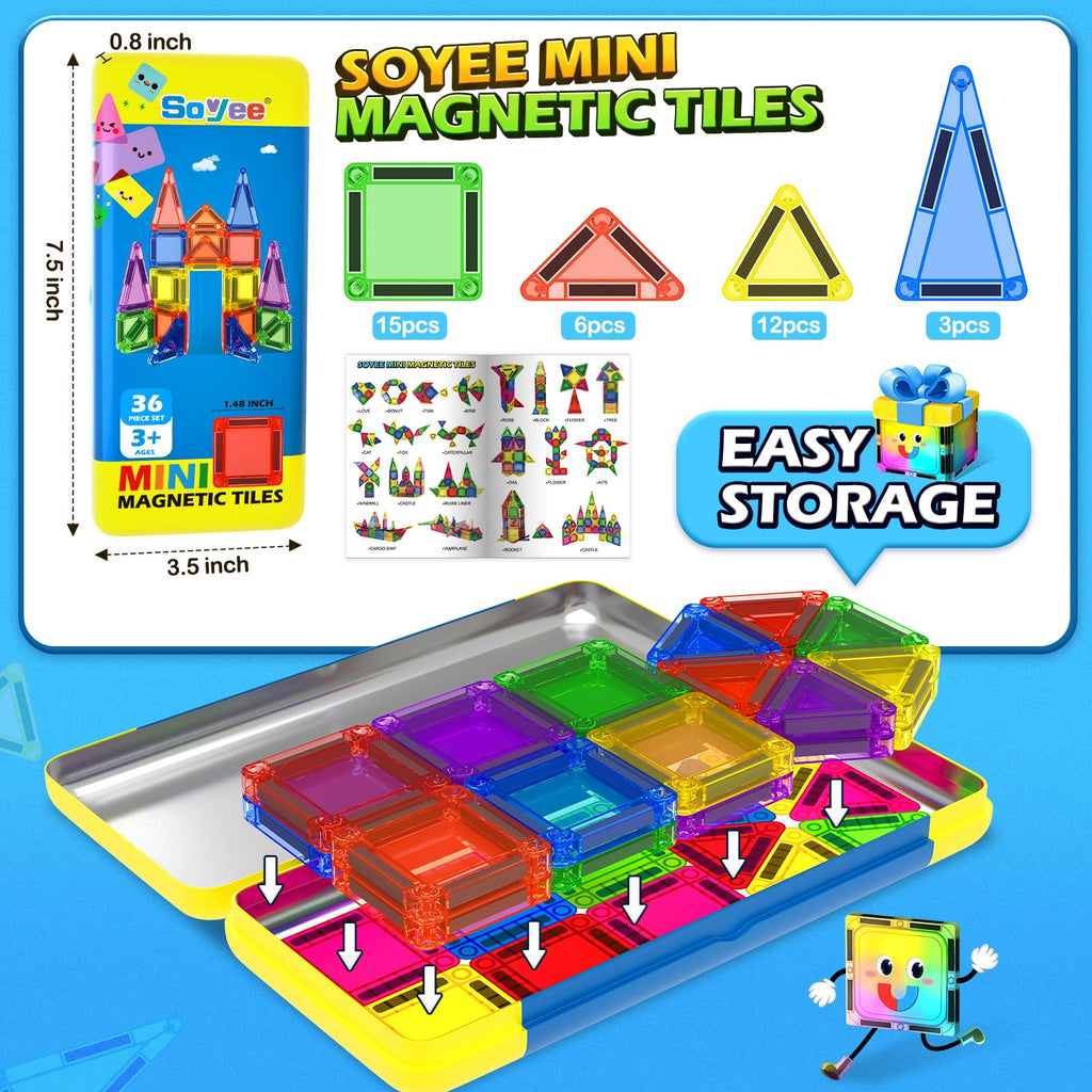Mini Magnetic Tiles Travel Toddler Toys with Metal Tin Portable STEM Building Kids Toys for 3 4 5 6 7 8+ Years Old Boys & Girls & Birthday Gifts