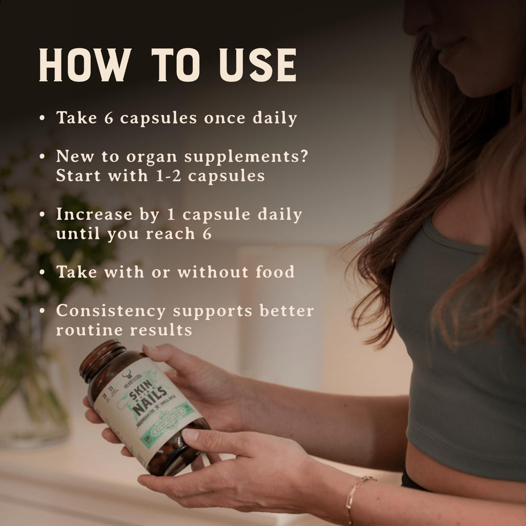 Heart & Soil – 100% Grass Fed & Finished Hair Skin and Nails Supplement from Regenerative Cattle with Cartilage, Liver, & Bone Marrow – 3000mg Beef Organs for Women & Men – Glass Bottle – 180 Capsules