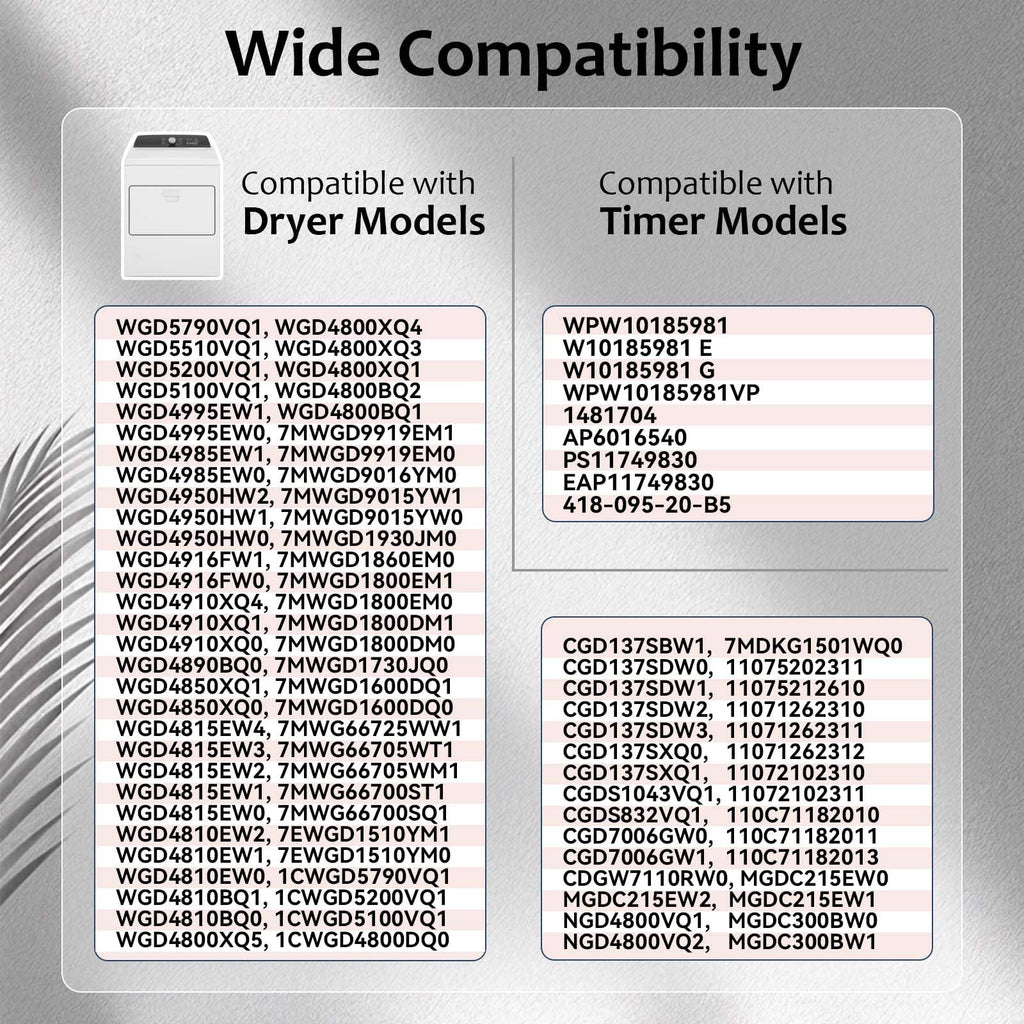 W10185981 Dryer Timer Compatible with Whirlpool, Maytag, Kenmore, Crosley WGD4800XQ1, MGDC215EW2, WGD4815EW2, WPW10185981 Dryer Timer Replacement for 418-095-20-B5, PS11749830, 115V, 2-Year Warranty