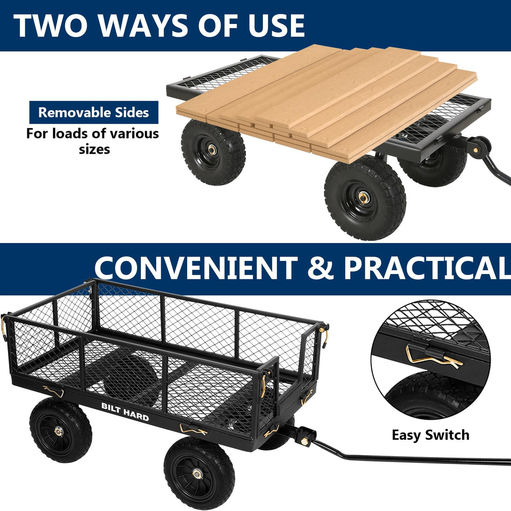 BILT HARD 10" Flat Free Tires Heavy Duty Garden Cart with 180° Rotating Handle and Removable Sides, 4 Cu.Ft 400 lbs Capacity Utility Steel Wagons for Outdoor